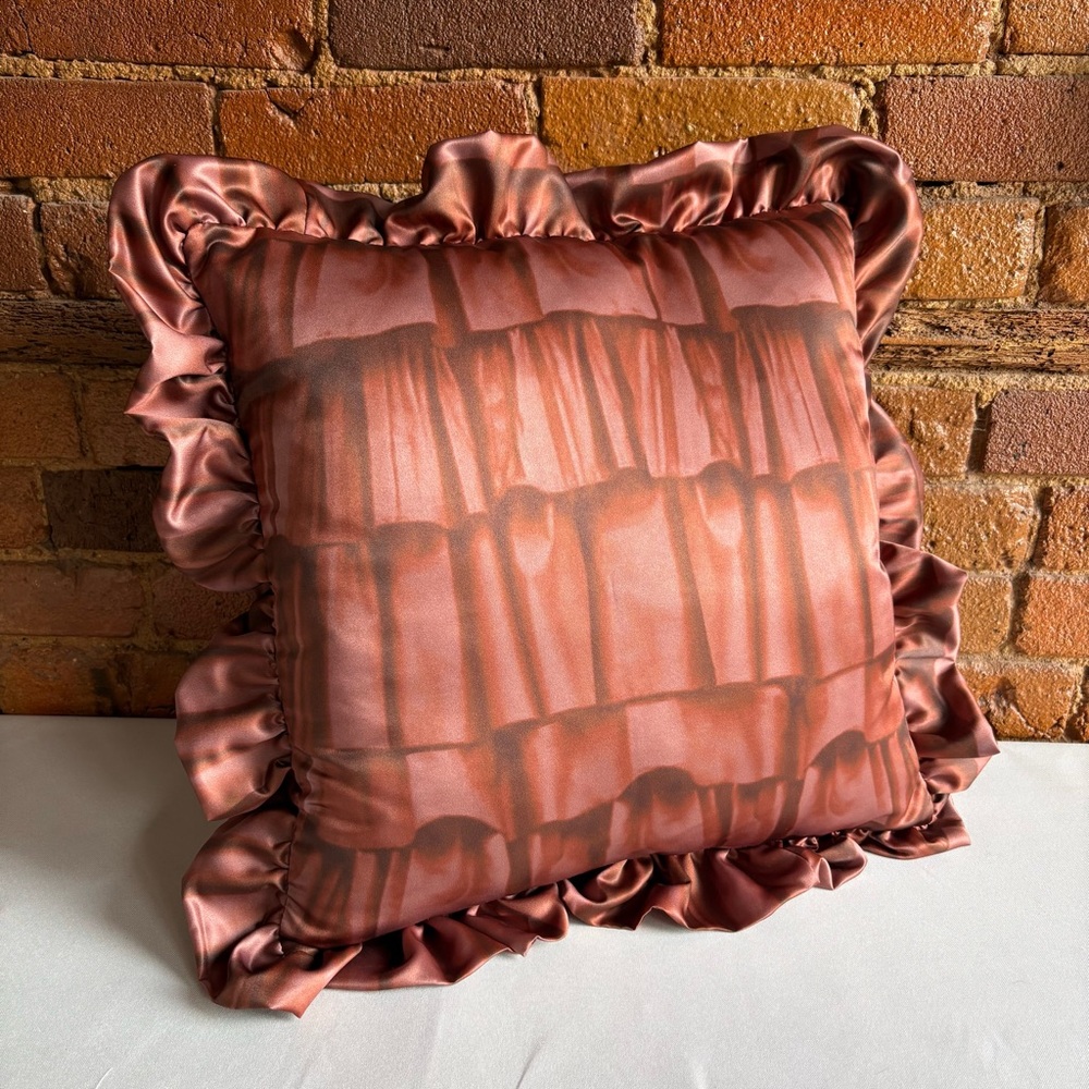 One of a kind Trompe L’oeil ruffle print throw pillow in burnt copper